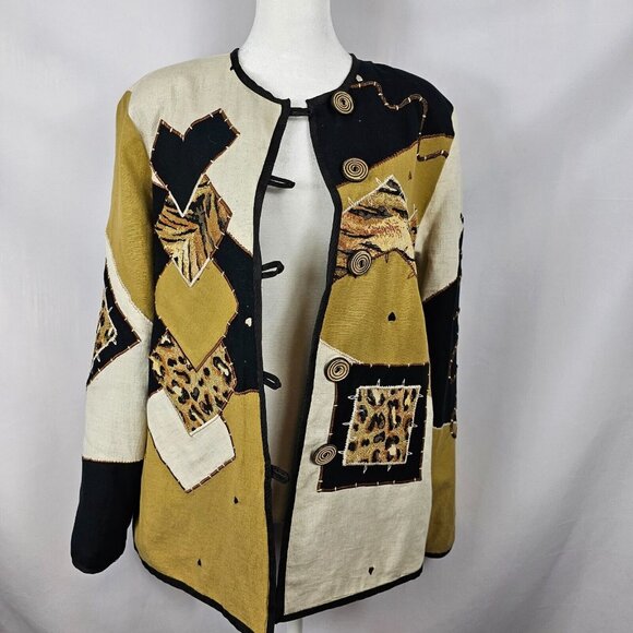 VTG Grandmacore Patchwork Retro Bold Abstract Cheetah Gold Black Cardigan S - Picture 2 of 15